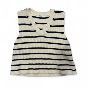 Zara womens Striped Cream and navy blue Knit Top